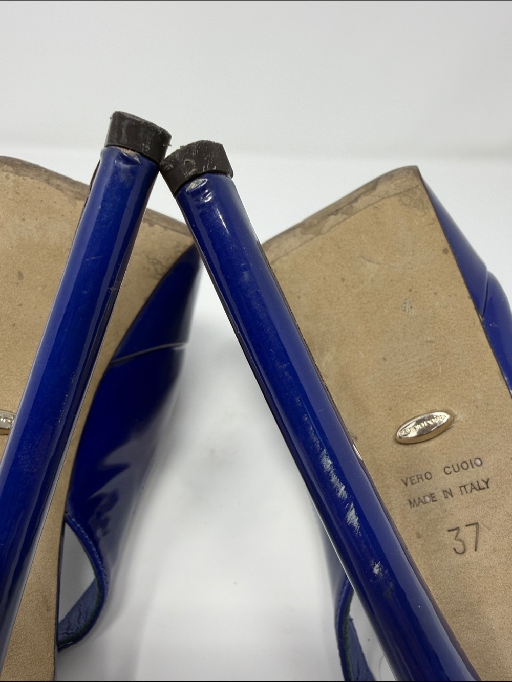 Sergio Rossi Blue Patent Slingback Peep-Toe Heels - Picture 7 of 7